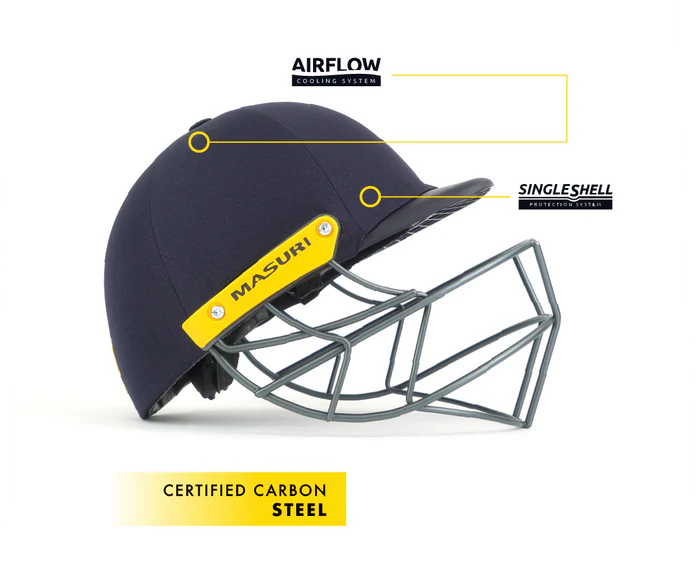 Steel Masuri T Line cricket helmet by Cric Studio Canada with adjustable chin guard and ventilation for enhanced protection.