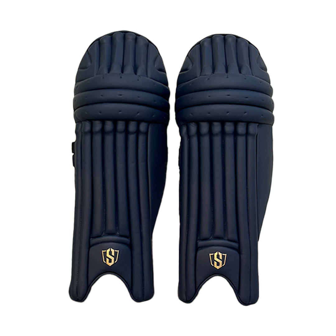 Navy Swar Apothesis premium cricket batting leg guards by Cric Studio Canada, designed for protection and comfort on the field.