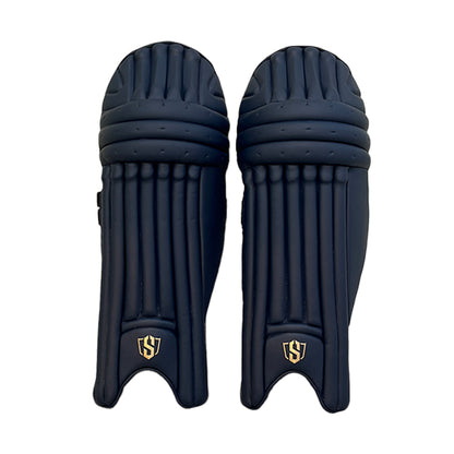 Navy Swar Apothesis premium cricket batting leg guards by Cric Studio Canada, designed for protection and comfort on the field.