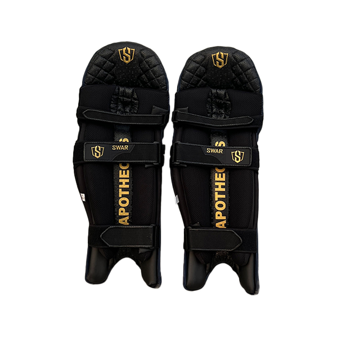 Navy Swar Apothesis premium cricket batting leg guards by Cric Studio Canada with padded protection and adjustable straps.