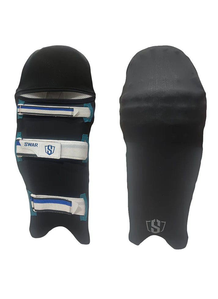 Pair of Swar Leg Pad Covers by Cric Studio Canada, protective accessories for cricket leg pads, shown in black with padding details.