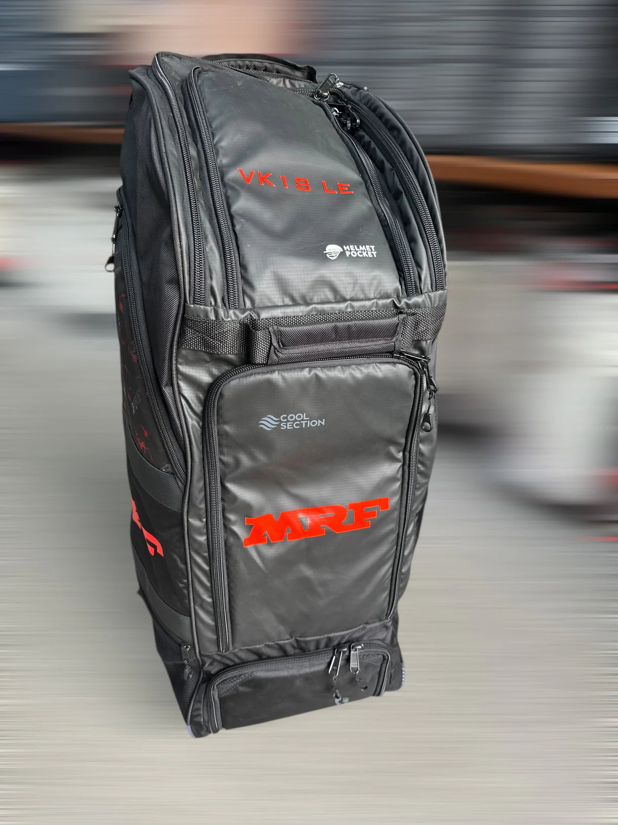 Cric Studio Canada MRF Duffle Wheelie Bag VK 18 LE kitbag with durable fabric, zippered compartments, and adjustable shoulder strap.