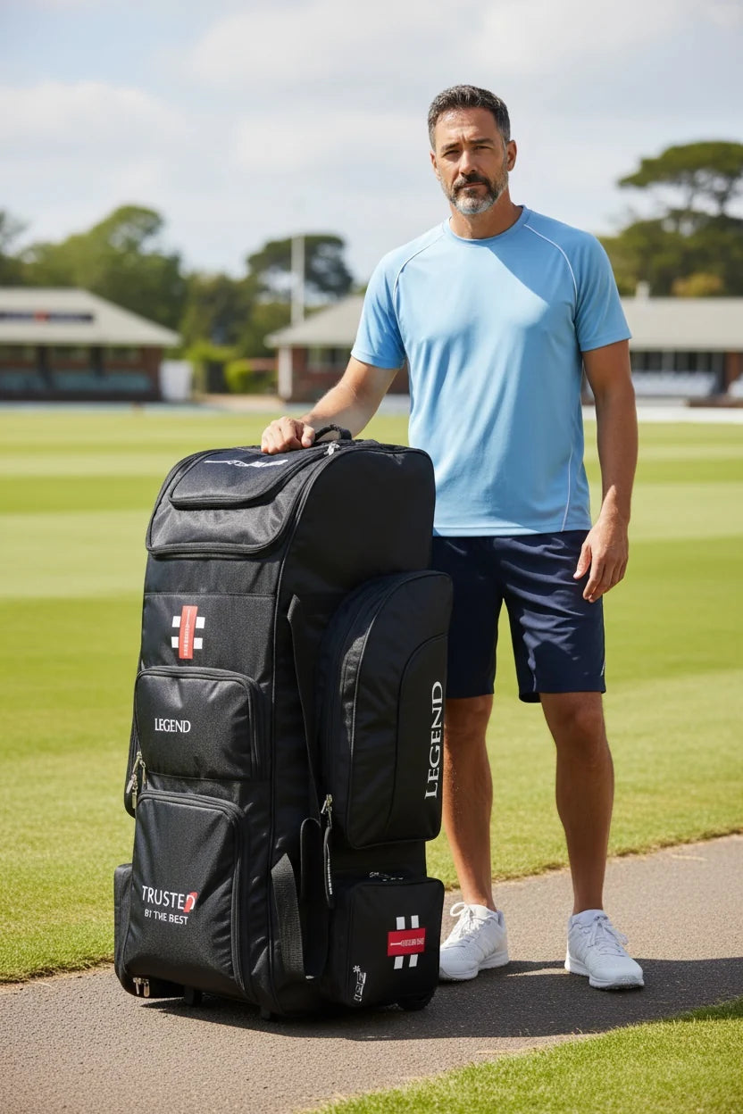 Gray-Nicolls GN10 Legend cricket trolley kit bag with spacious compartments and durable wheels, ideal for cricket gear storage.