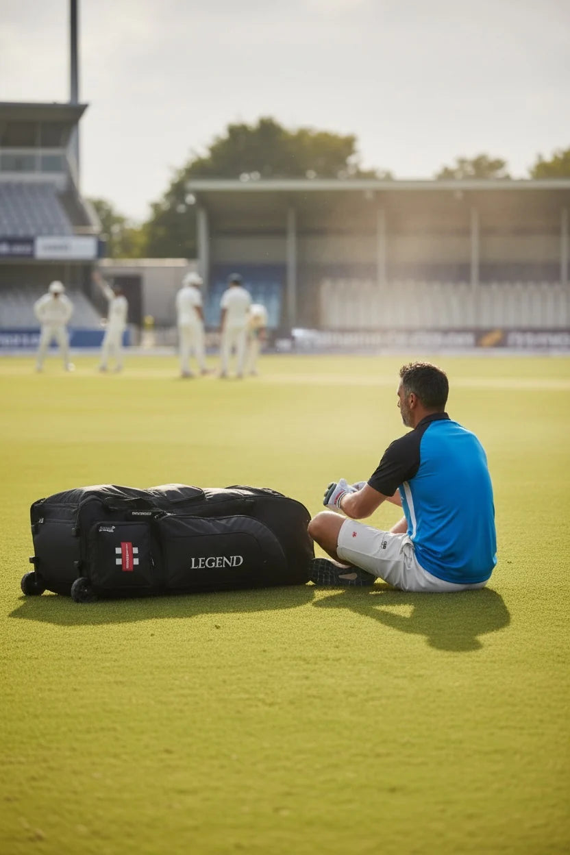 Gray-Nicolls GN10 Legend trolley kitbag with multiple compartments, adjustable straps, and durable wheels for cricket equipment storage.