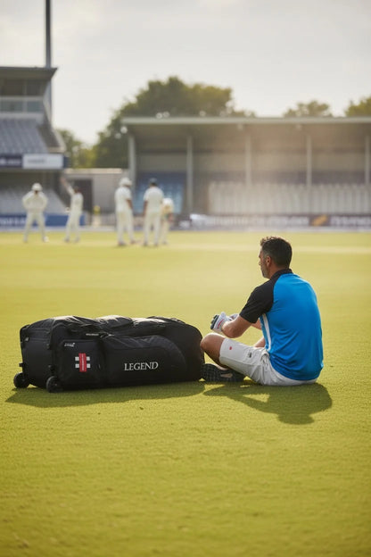 Gray-Nicolls GN10 Legend trolley kitbag with multiple compartments, adjustable straps, and durable wheels for cricket equipment storage.