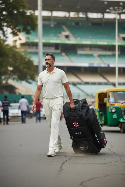 Gray-Nicolls GN10 Legend cricket trolley kitbag with multiple compartments and padded straps for easy transport.
