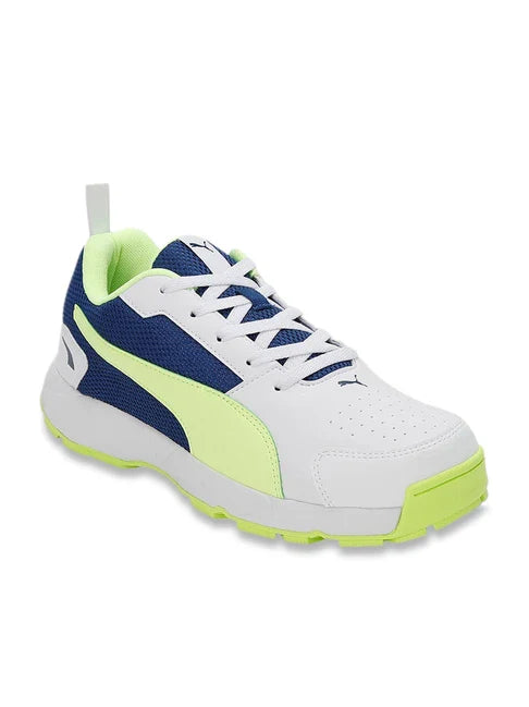 Puma High Run cricket shoes in white and blue with cushioned soles and breathable mesh upper for optimal performance.