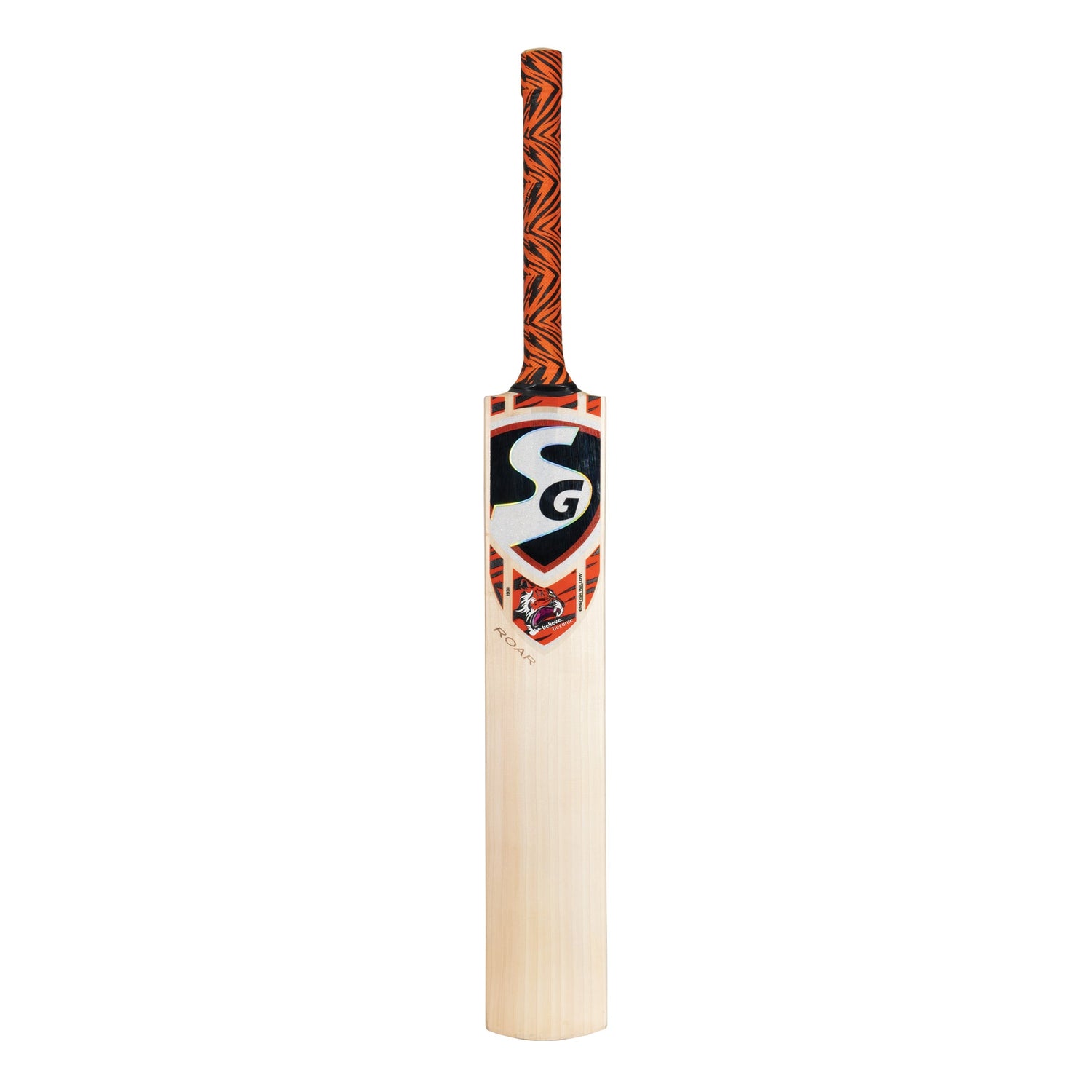 SG Roar English Willow Cricket Bat 2025 with a sleek design and sturdy handle, ready for powerful cricket strokes.