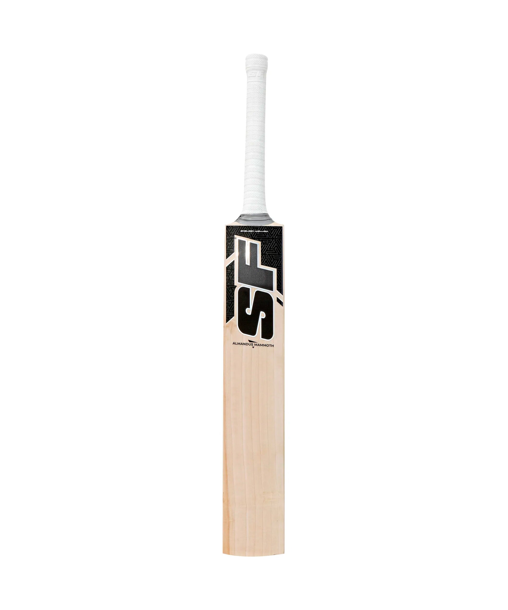 English Willow Cricket Bat SF Almandus Mammoth by Cric Studio Canada, showing the bat's handle and front face with detailed wood grain.