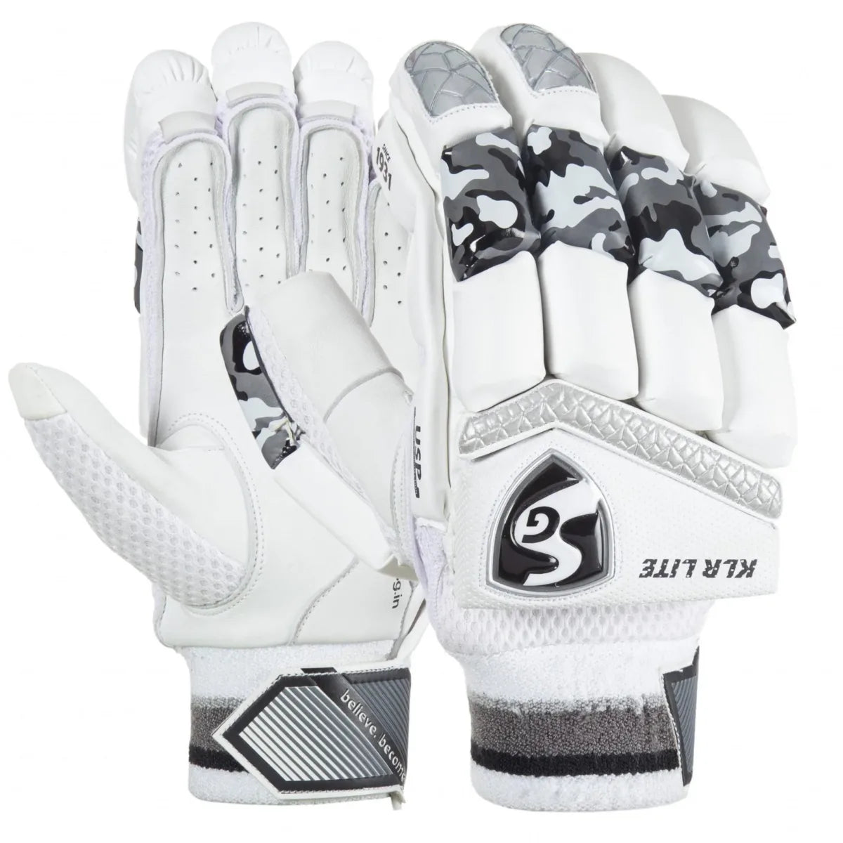 SG KLR Lite Batting Gloves by Cric Studio Canada, close-up showing lightweight cricket batting gloves with padded fingers and breathable material.