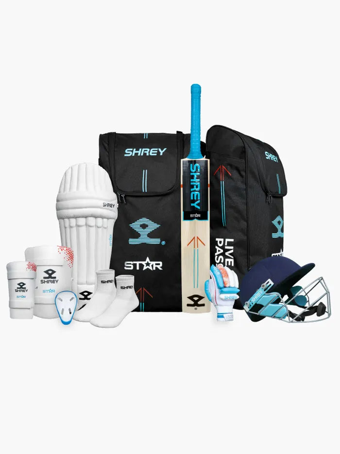 Steel blue and red Shrey Star cricket kitbag with helmet from Cric Studio Canada, featuring full cricket kit and accessories inside.