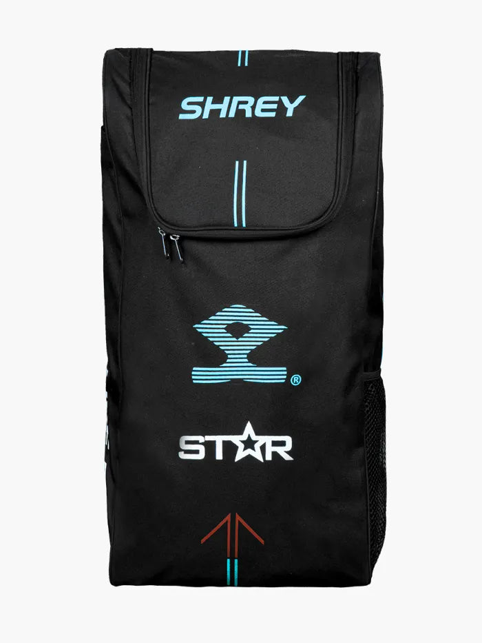 Cric Studio Canada Shrey Star cricket kitbag with helmet, featuring steel blue and red design, full cricket kit inside
