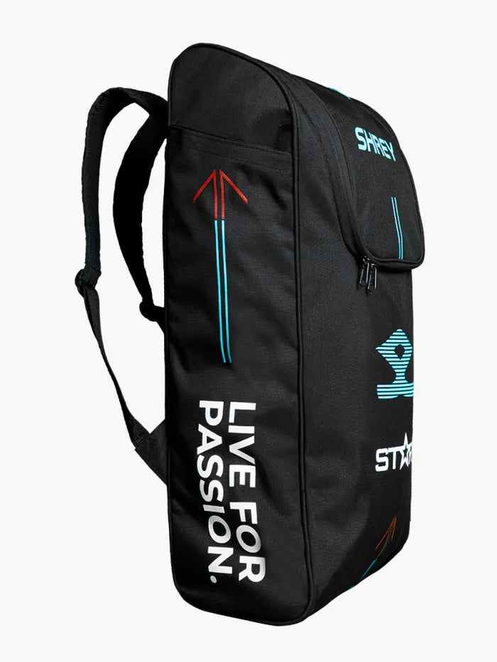 Steel blue and red Shrey Star Cricket Kitbag with helmet, full cricket set from Cric Studio Canada, featuring spacious storage and sturdy design.