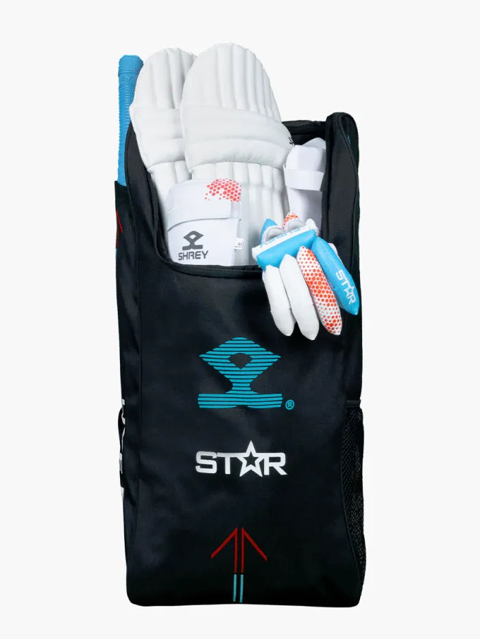 Steel blue and red Shrey Star Cricket Kitbag with helmet, featuring cricket equipment and accessories for full cricket kit storage.