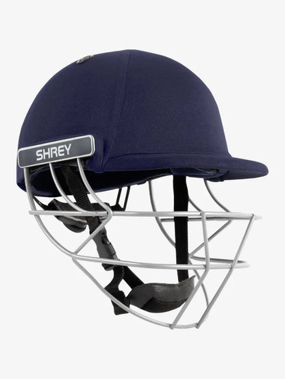 Shrey Classic Steel cricket helmet in navy with faceguard and ventilation, designed for protection and comfort during cricket matches.