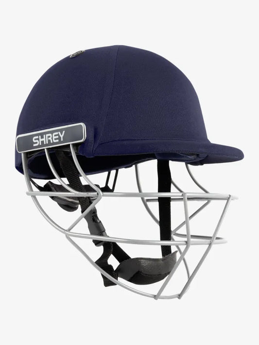 Shrey Classic Steel cricket helmet in navy with faceguard and ventilation, designed for protection and comfort during cricket matches.