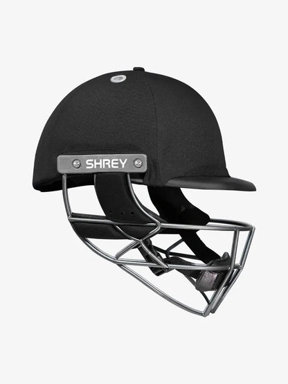 Black Shrey Cricket Helmet Elite Pro with stainless steel grille by Cric Studio Canada, featuring padded interior and adjustable chin strap.