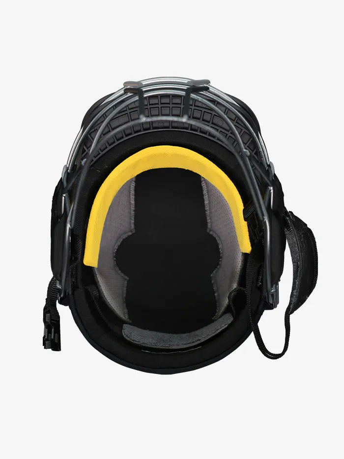 Black Shrey Cricket Helmet Elite Pro with stainless steel grille by Cric Studio Canada, designed for advanced cricket protection.