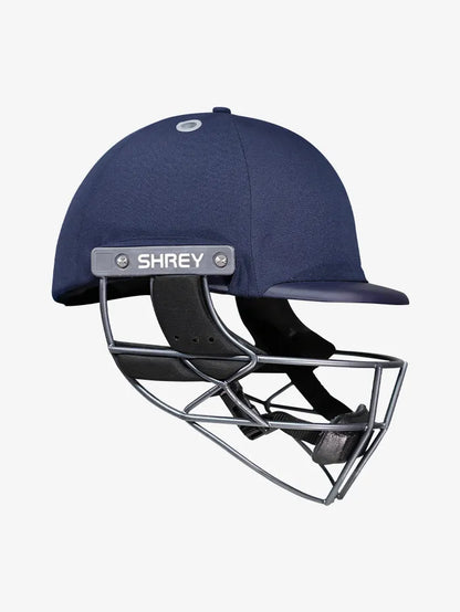 Navy Shrey Cricket Helmet Elite Pro by Cric Studio Canada with stainless steel grille and adjustable strap for cricket protection.