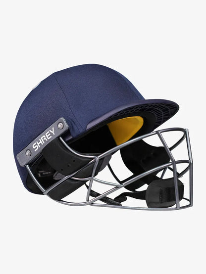 Crrey Cricket Helmet Elite Pro Stainless Steel in navy with yellow accents, featuring a protective face guard and ventilation.