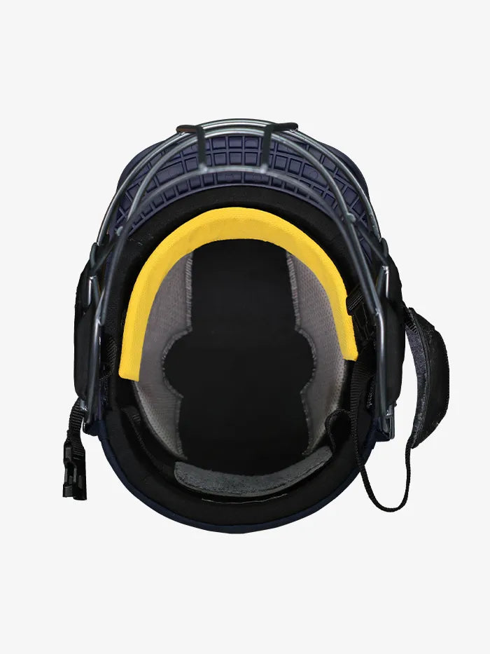 Navy Shrey Cricket Helmet Elite Pro by Cric Studio Canada featuring stainless steel grill and adjustable straps.