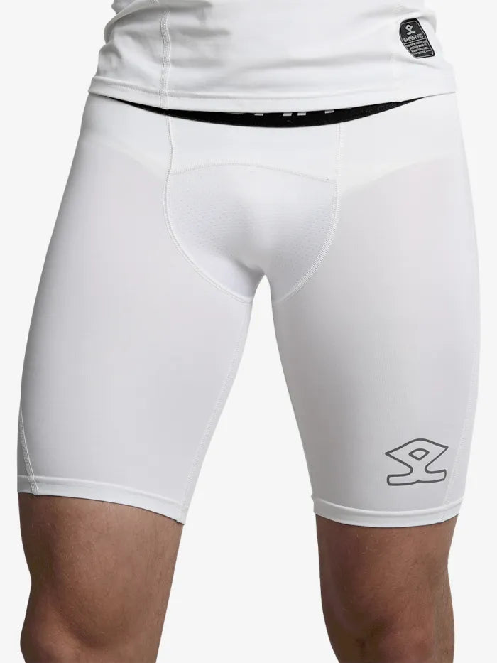 White Shrey Intense Compression Shorts by Cric Studio Canada, close-up view highlighting fabric texture and fit.
