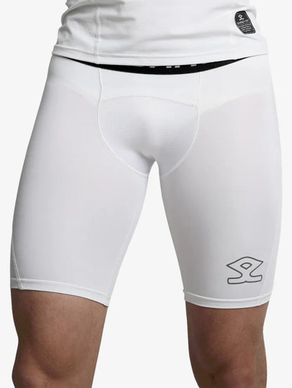 White Shrey Intense Compression Shorts by Cric Studio Canada, close-up view highlighting fabric texture and fit.