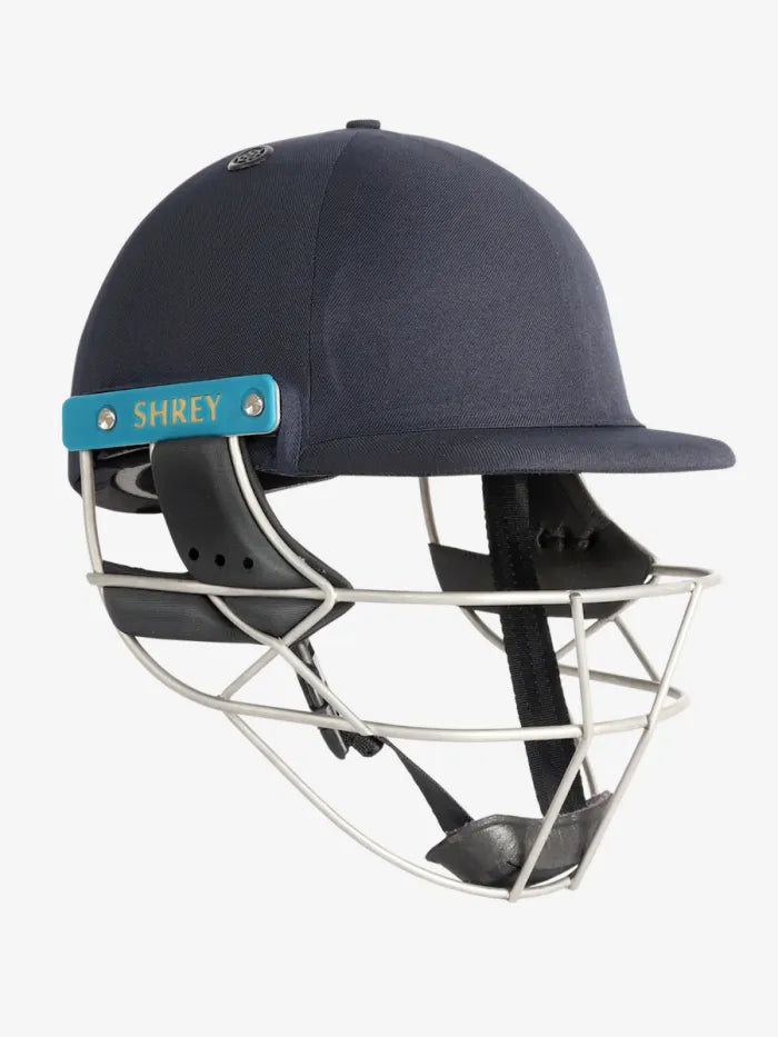 Shrey Masterclass Air 2.0 stainless steel cricket helmet in navy with faceguard and ventilation, designed for player safety.