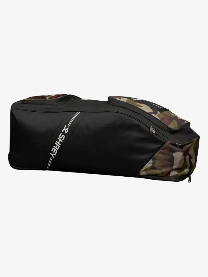Cric Studio Canada Shrey Match Duffle 2.0 kitbag in camouflage green with multiple compartments and sturdy handles.