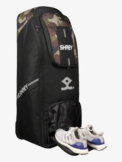 Camouflage green Shrey Match Duffle 2.0 kitbag by Cric Studio Canada with sturdy handles and spacious main compartment.