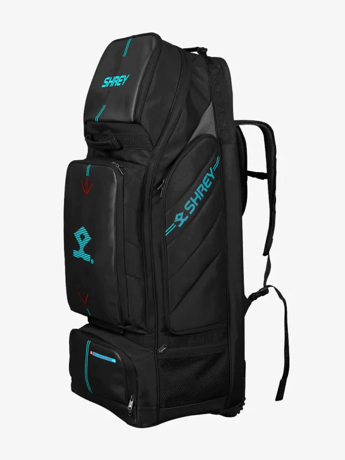 Black Shrey Kitbag Meta Duffle Wheelie 120 from Cric Studio Canada with wheels and sturdy handles, designed for travel and storage.