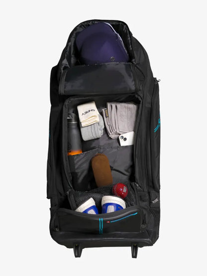Black Cric Studio Canada Shrey Kitbag Meta Duffle Wheelie 120 with wheels and handles for easy travel storage.