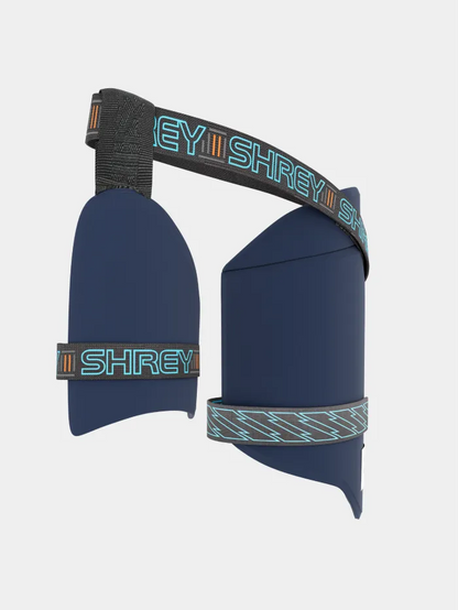 Navy Shrey Meta VR cricket thigh guard by Cric Studio Canada, featuring protective padding and adjustable straps.