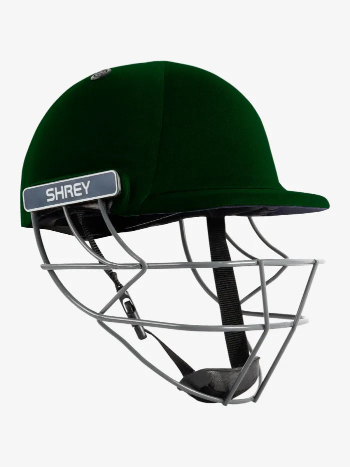 Green Shrey Performance Steel Helmet by Cric Studio Canada with a sleek metal design and sturdy construction.