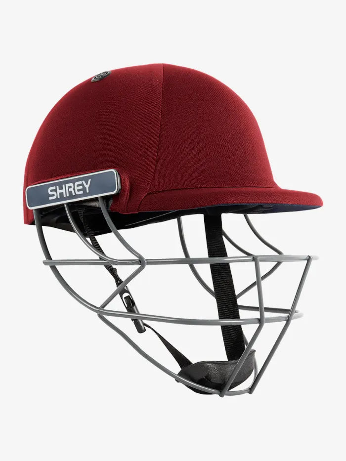 Maroon Shrey Performance Steel Helmet by Cric Studio Canada with a durable steel shell and adjustable strap.