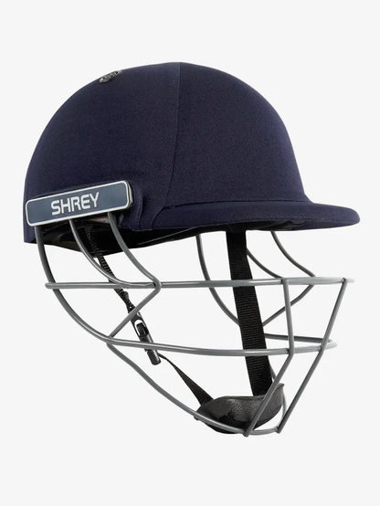 Cric Studio Canada Shrey Performance steel helmet in navy with durable metal construction and adjustable strap for safety.