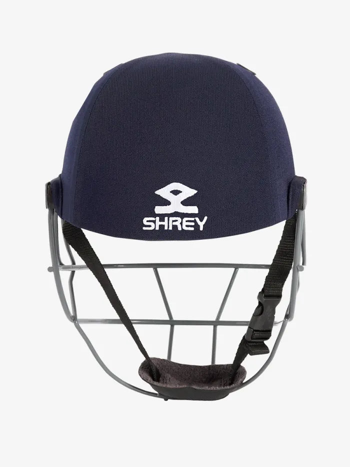 Cric Studio Canada Shrey Performance Steel helmet in navy with a sturdy steel shell and adjustable straps for safety.