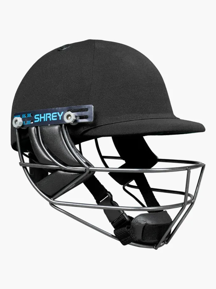 Black Shrey Premium 3.0 cricket helmet with steel grille and aerodynamic design for maximum protection.