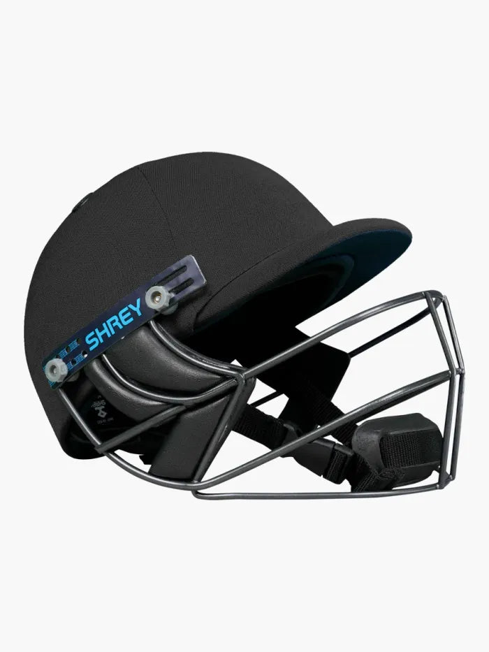 Black Shrey Premium 3.0 cricket helmet with steel grille and padded interior, designed for optimal safety and comfort during play.