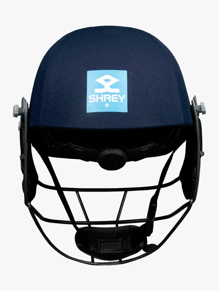 Shrey Premium 3.0 Steel cricket helmet in navy blue with a protective faceguard and ventilation system.