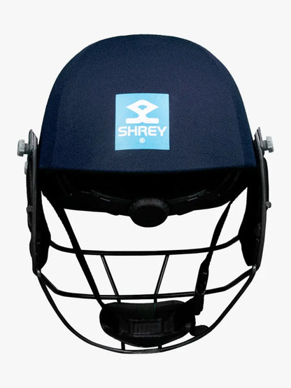 Shrey Premium 3.0 Steel cricket helmet in navy blue with a protective faceguard and ventilation system.