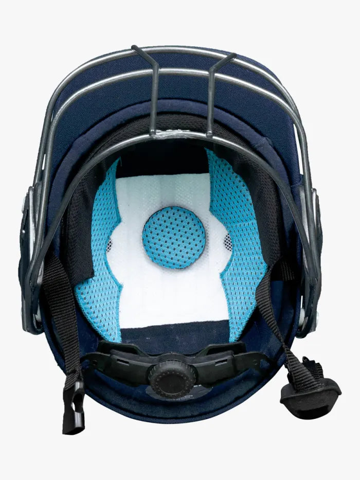Shrey Premium 3.0 cricket helmet in navy blue with steel grille and padded interior for protection.