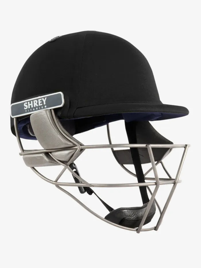 Black Shrey Pro Guard Titanium cricket helmet with air ventilation and durable construction, designed for optimal head protection.