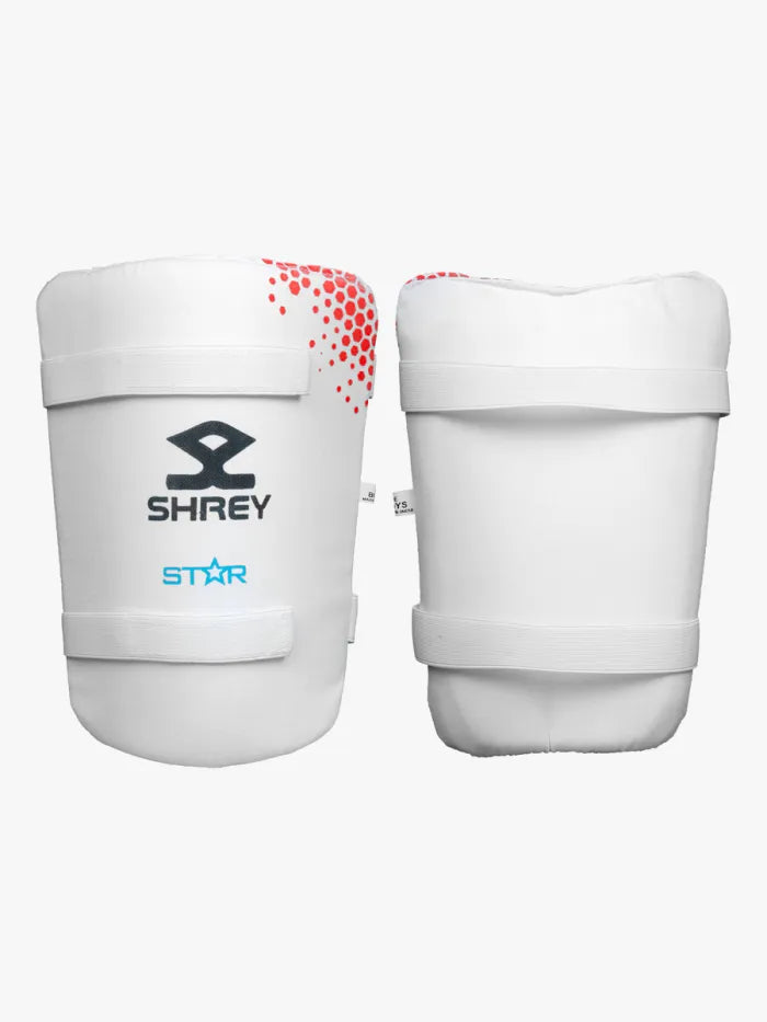 Steel blue and red cricket thigh guard from Shrey Star cricket kit by Cric Studio Canada in a kitbag, designed for cricket protection.
