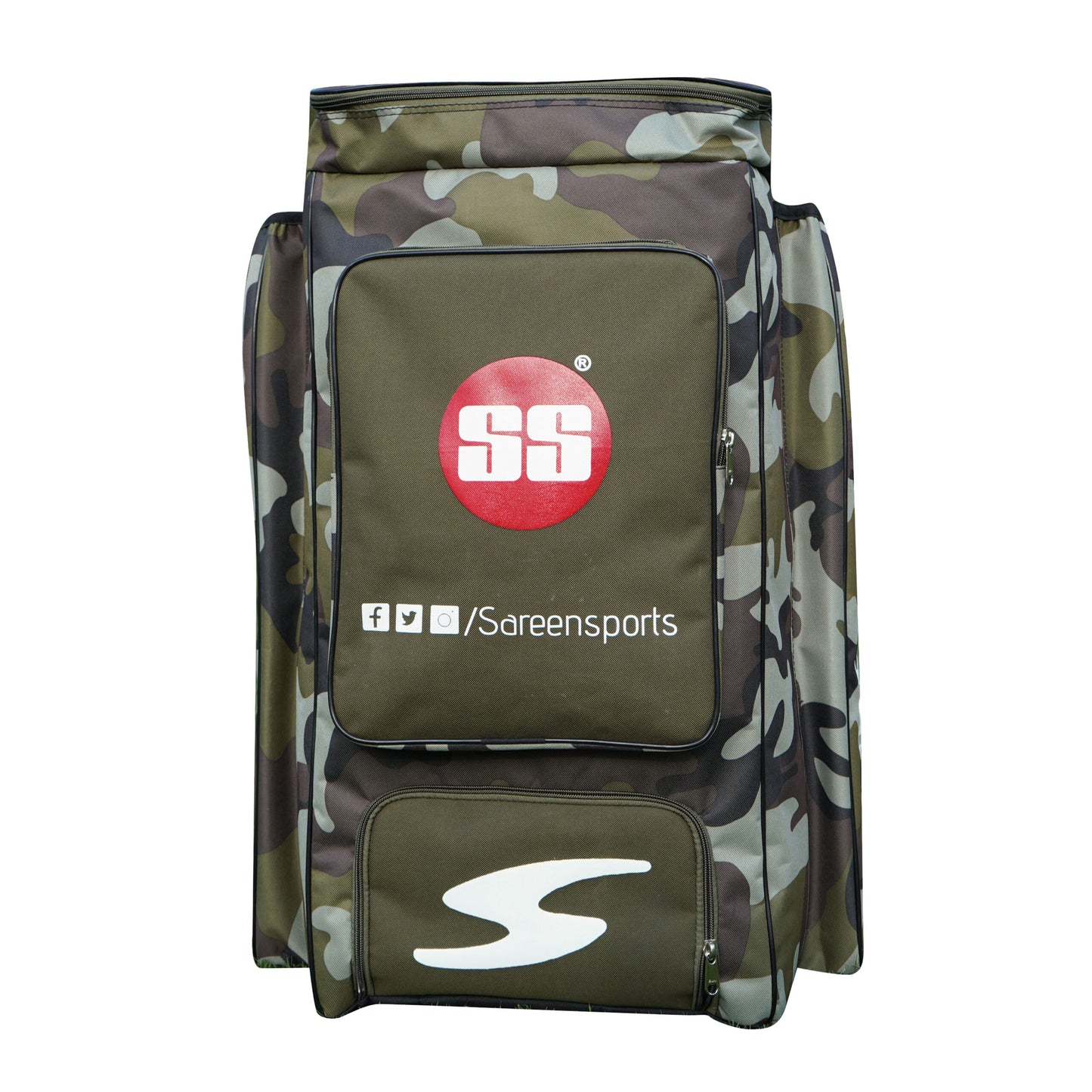 Green camouflage Cric Studio Canada kitbag duffle bag with sturdy handles and spacious interior for cricket gear storage.