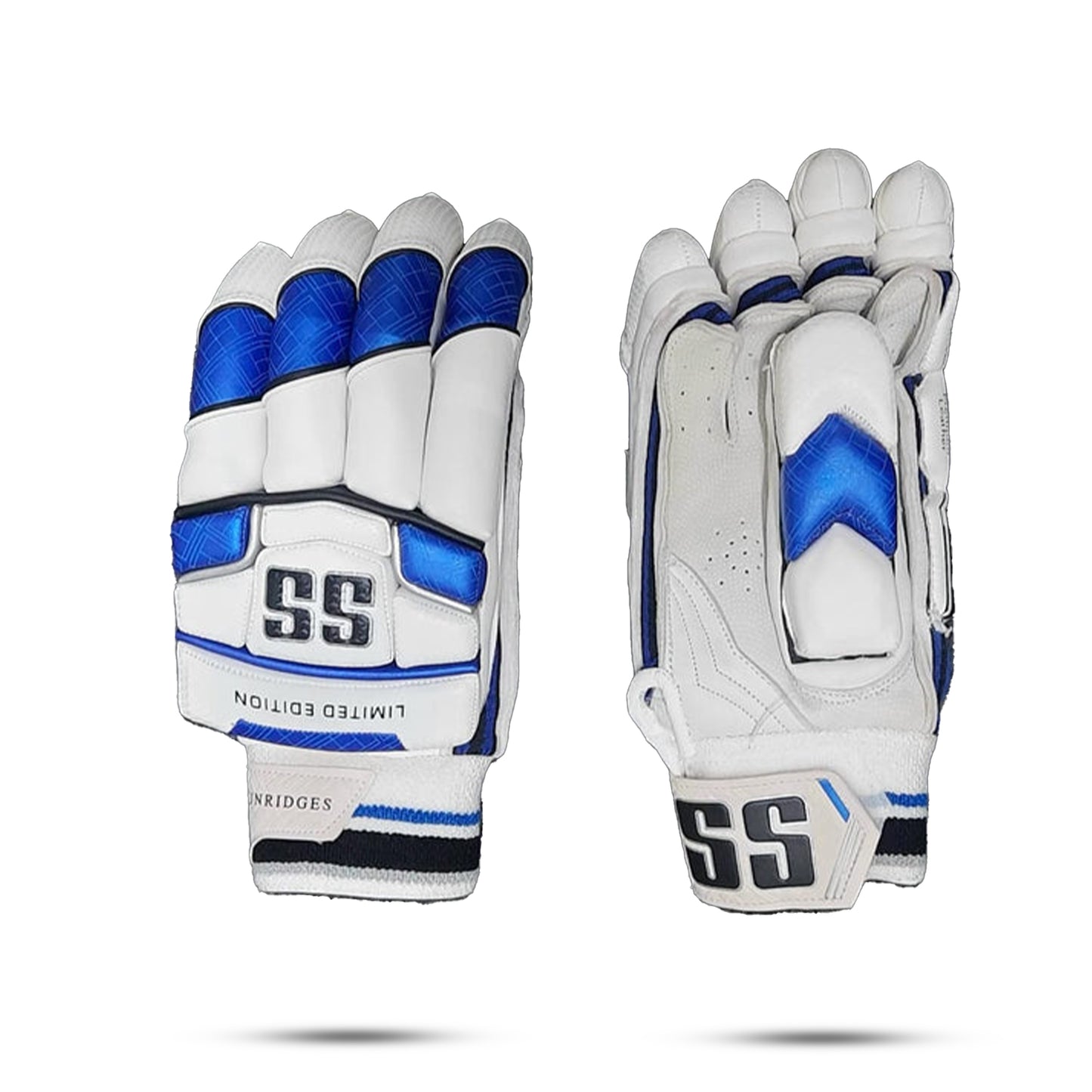 Close-up of SS Limited Edition Batting Gloves showing black and white design with padded palms and finger protection.