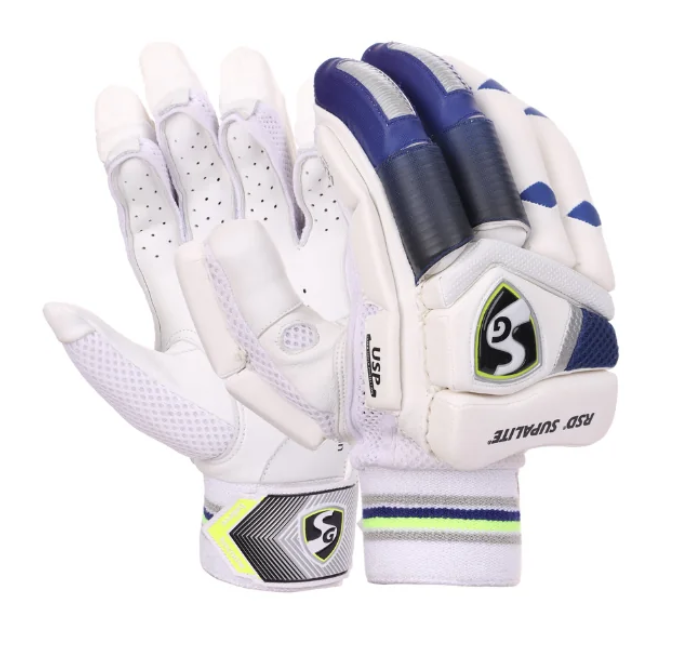 Cricket batting gloves from SG RSD Supalite by Cric Studio Canada, featuring padded palms and adjustable wrist straps for protection.