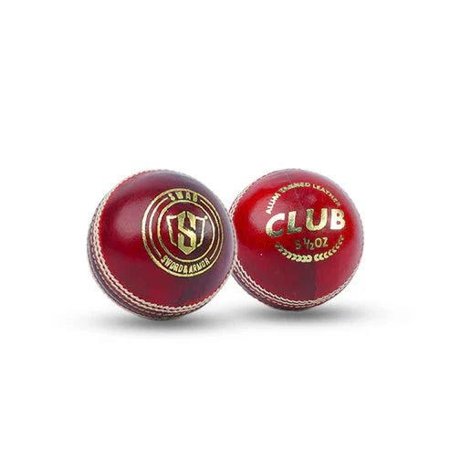 Red Swar Club cricket ball made of leather by Cric Studio Canada, ideal for cricket matches and practice sessions.