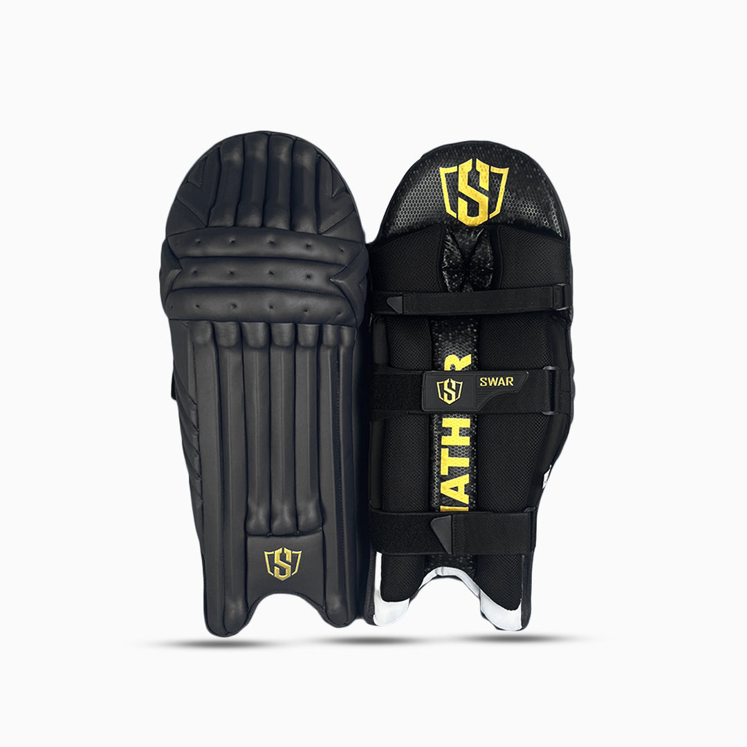 Black Swar Hathor cricket batting legguards by Cric Studio Canada, padded protective leg guards for cricket players.