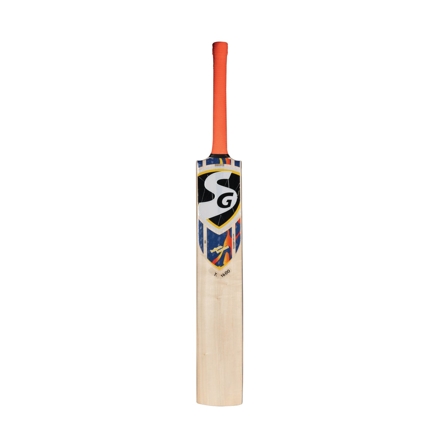 SG Kashmir Willow Scoop Cricket Bat T-1600 with tennis ball, showing the bat's curved scoop design and branding details.